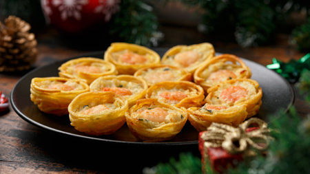 Mini party Fish Pie Food with decoration, gifts, green tree branch on wooden rustic table