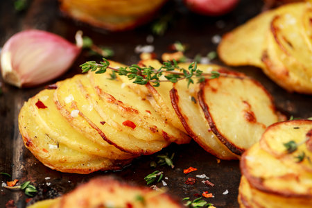 Hot Baked crispy potato stack with parmesan cheese and herbsの写真素材