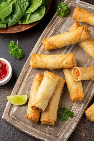 Fried vegetable spring rolls with sweet chili and soya sauce on wooden board.