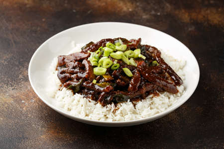 Mongolian beef stewed in dark soy sauce with spices. Asian style foodの写真素材