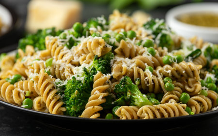 Green peas, broccoli pasta with pesto sauce and parmesan cheese. healthy food.の写真素材