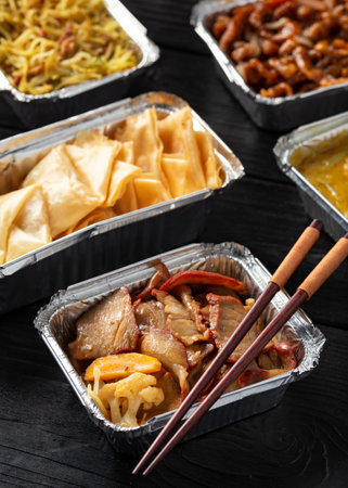 Chinese takeaway food. Kung Po king prawns, crispy won ton, roast pork char siu, prawn curry, shredded beef, soupの写真素材