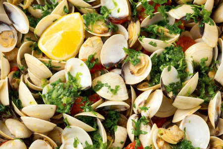White shell clams with garlic, tomatoes and parsley white wine sauce in the fry pan