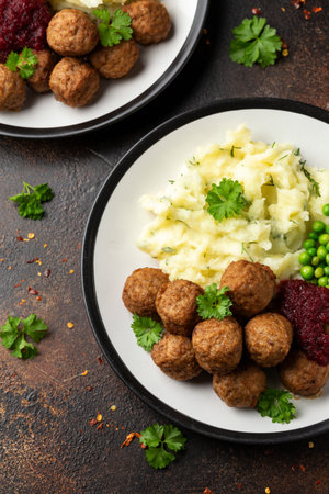 Homemade Swedish Meatballs with cranberry relish Sauce, potato mash and peas.の写真素材