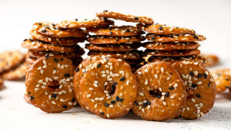 Salted Pretzel thins with black white sesame seeds