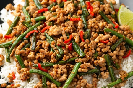 Pork Stir Fry with Green Beans, rice, garlic, chili and ginger. Asian food.