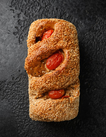 Fresh Homemade bread with sesame seeds and sun dried tomatoes on rustic dark backgroundの写真素材