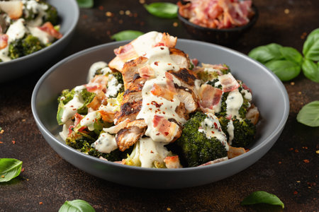 Baked chicken, broccoli with creamy cheese sauce and bacon.の写真素材