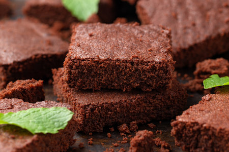 Chocolate brownies garnished with mint. Sweet foodの写真素材