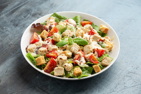 Vegetarian ceasar salad with meat free chicken pieces cherry tomatoes croutons and lettuce in white plate.の写真素材