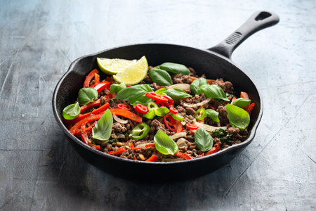 Pad Kra Pao stir fried thai basil, minced beef in iron cast panの写真素材