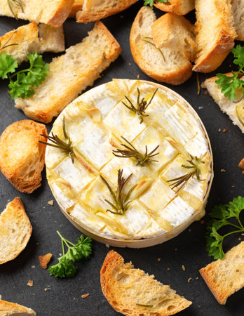 Baked Camembert cheese with rosemary, garlic and toasted breadの写真素材