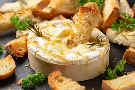Baked Camembert cheese with rosemary, garlic and toasted breadの写真素材