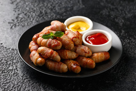 Pigs in blankets with ketchup and mustard sauce. Party foodの写真素材
