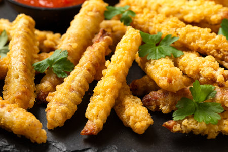 Fried Vegan jackfruit and oyster prawns in crispy batter served on black slate with chili dip sauceの写真素材