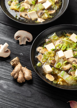 Cabbage Tofu Soup with mushrooms and spring onion.の写真素材