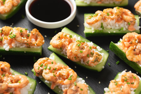 Cucumber Shrimp Sushi Boats with Spicy Mayo, Rice, Chives and sesame seedsの写真素材