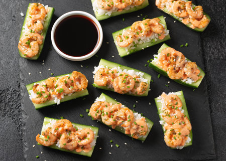 Cucumber Shrimp Sushi Boats with Spicy Mayo, Rice, Chives and sesame seedsの写真素材