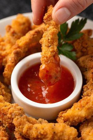 Crispy Shredded Chicken served with sweet chilli sauce. Party finger food snack conceptの写真素材