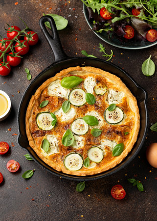 Sun baked tomato, goats cheese and courgette quiche served in cast iron pan with side saladの写真素材