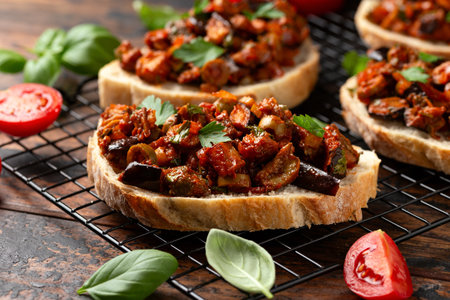 Sicilian Eggplant, Aubergine caponata with fresh white breadの写真素材