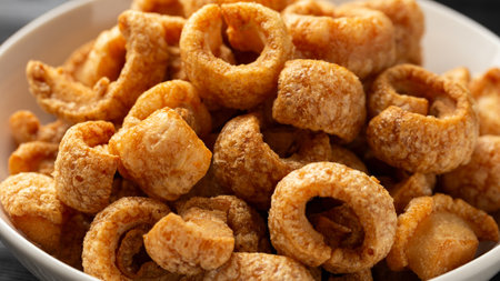 Crispy Pork crackling, scratchings. deep fries in white bowl
