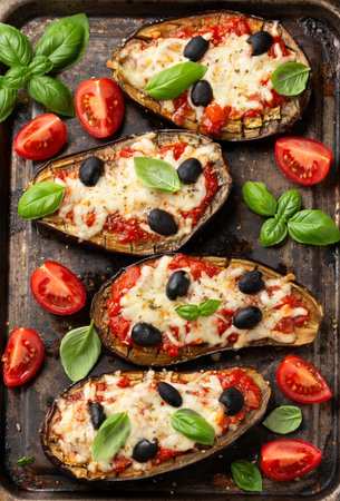 Healthy Eggplant or Aubergine pizza with tomato sauce, mozzarella cheese, basil and olivesの写真素材