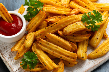 Homemade potato ridge chips, fries with ketchup on white wooden boardの写真素材