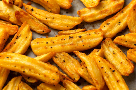 Homemade potato ridge chips, fries with salt and pepper