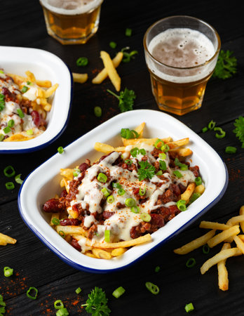 Chili Cheese Potato Fries topped with hot minced beef and cheese sauceの写真素材
