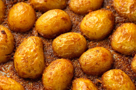 Parmesan crusted baby new potatoes on a baking trayの写真素材