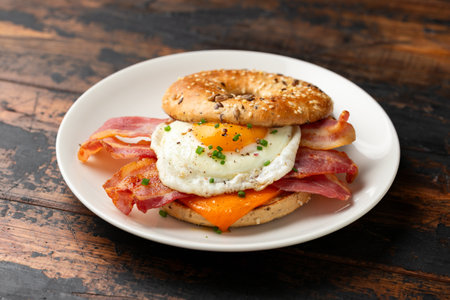 Bagel sandwich with bacon, egg and cheese. Breakfastの写真素材