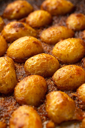 Parmesan crusted baby new potatoes on a baking trayの写真素材