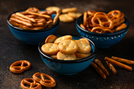 Salty snacks crackers, pretzels in bowls. Party food.の写真素材
