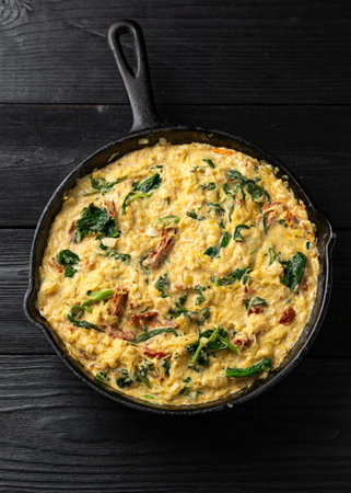 Creamy spaghetti squash pasta with parmesan cheese and sun dried tomato sauce in iron cast panの写真素材