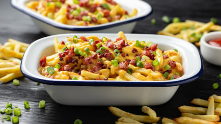 Crispy French fries loaded with bacon, cheese sauce and spring onion