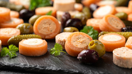 Smoked Salmon Pate Canapes with cream cheese and herbsの写真素材