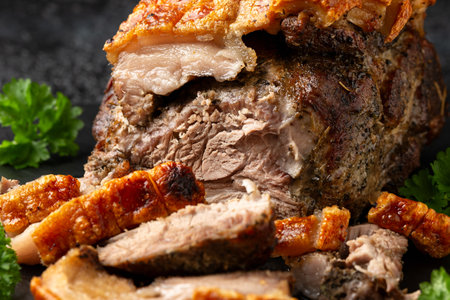 Roast pork boneless shoulder with crispy cracklingの写真素材