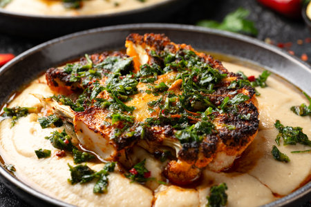 Cauliflower steaks with chimichurri sauce and butter bean pureeの写真素材