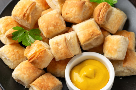 Cheese and onion puff pastry rolls. Vegetarian food, snackの写真素材