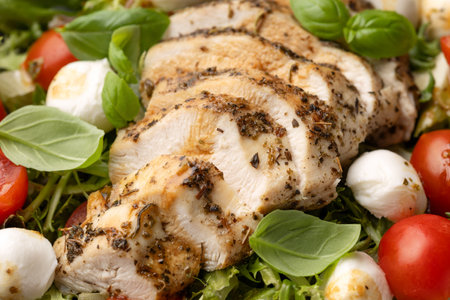 Chicken caprese salad with tomato, mozzarella and balsamic dressingの写真素材