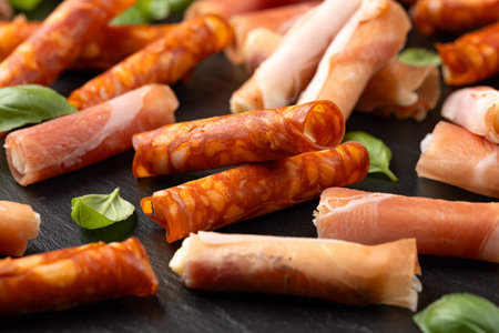 Party food board selection. Serrano ham, prosciutto and chorizo rolls filled with gouda and Iberico...