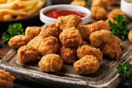 Crispy Popcorn Chicken with ketchup sauce on wooden boardの写真素材