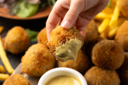 Fried Homemade beef Bitterballen with dijon mustard, ketchup and french fries