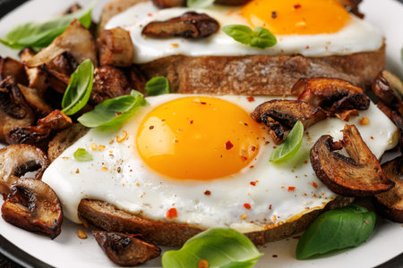 Mushrooms and fried eggs on toast with herbs breakfastの写真素材