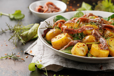 Warm salad with anchovy and baby potatoes and wholegrain mustardの写真素材