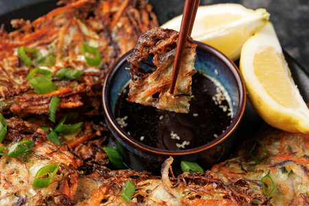 Homemade Korean Pajeon Pancakes with Dipping Sauceの写真素材