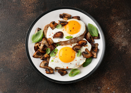 Mushrooms and fried eggs on toast with herbs breakfastの写真素材