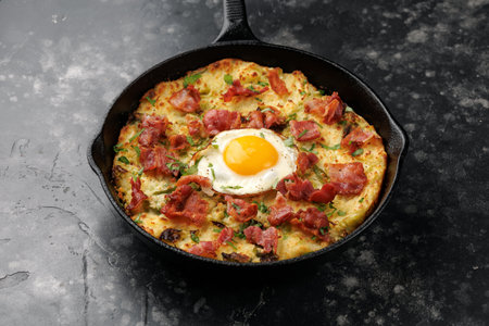 A British Classic, Bubble and Squeak baked with mashed potatoes with cabbage, bacon and eggsの写真素材