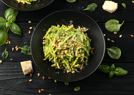 Trofie pasta with creamy spinach sauce and toasted pine nutsの写真素材
